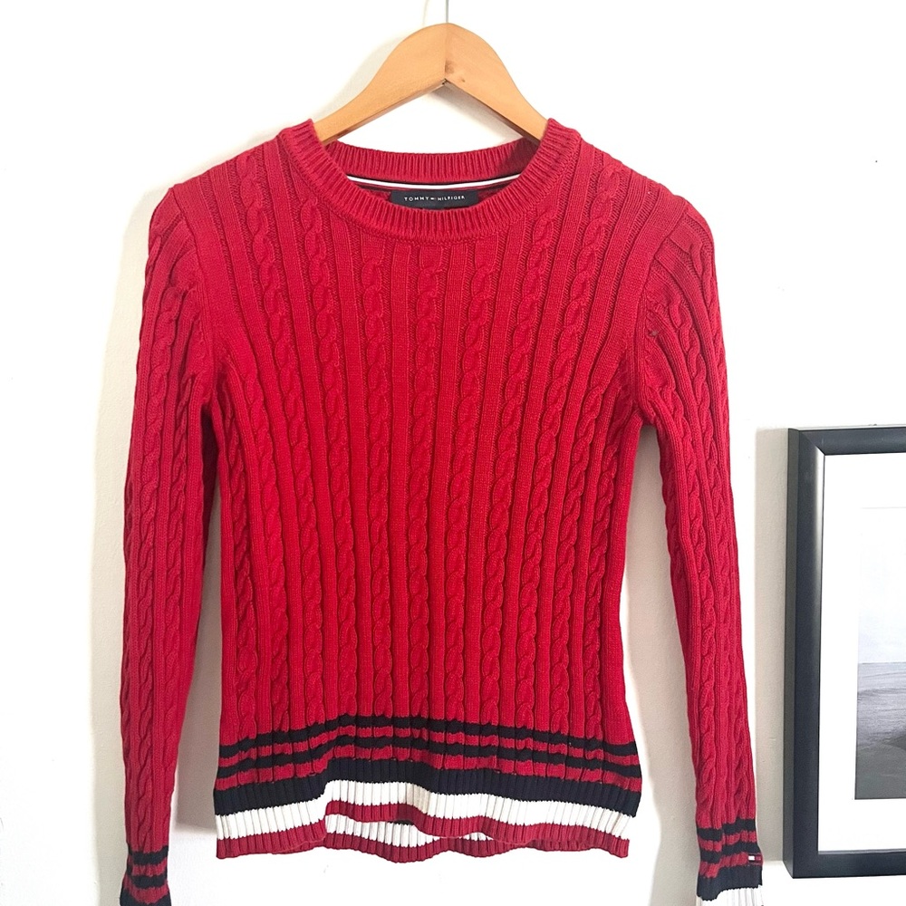 Tommy Hilfiger Y2K Red Cable Knit Crewneck Sweater with Navy & White Stripes